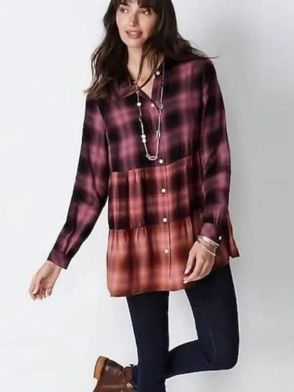J JILL Ruffle Tiered Tunic Shirt Plus Size 2X Pink Orange Ombre Plaid Womens Top